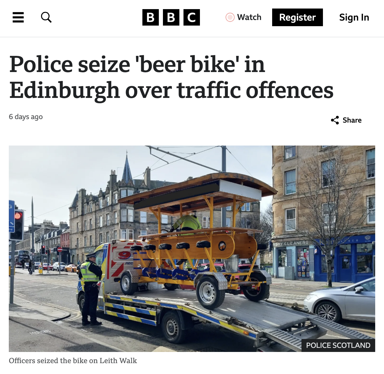 vehicle - Bbc Watch Register Sign In Police seize 'beer bike' in Edinburgh over traffic offences 6 days ago Police Scotland Officers seized the bike on Leith Walk